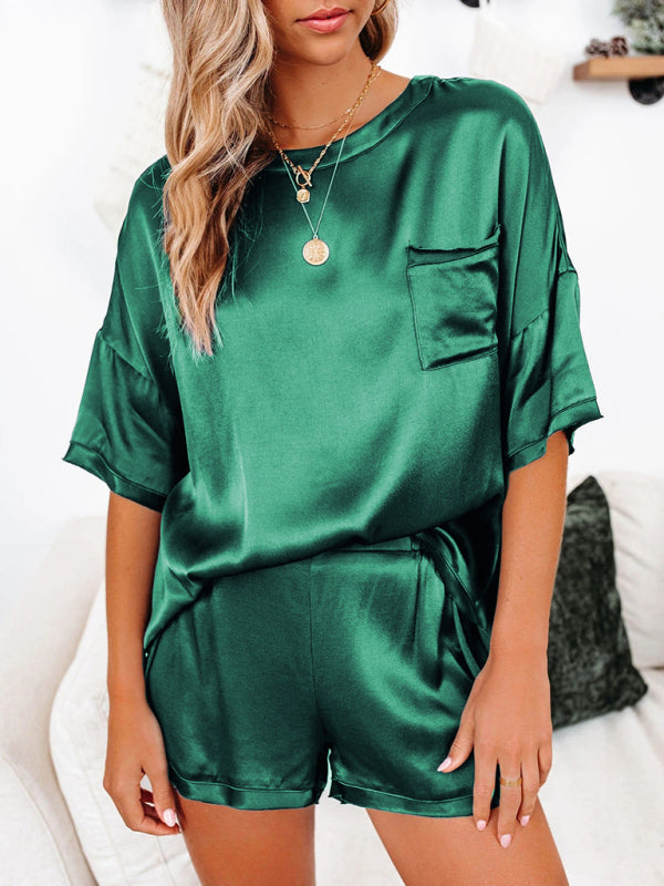 Women's satin pajamas home service short-sleeved shorts irregular two-piece set - Free Shipping - Aurelia Clothing