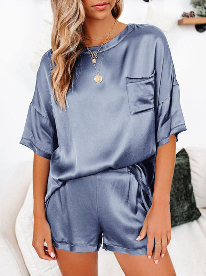 Women's satin pajamas home service short-sleeved shorts irregular two-piece set - Free Shipping - Aurelia Clothing