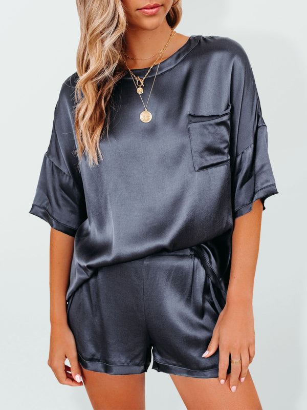 Women's satin pajamas home service short-sleeved shorts irregular two-piece set - Free Shipping - Aurelia Clothing