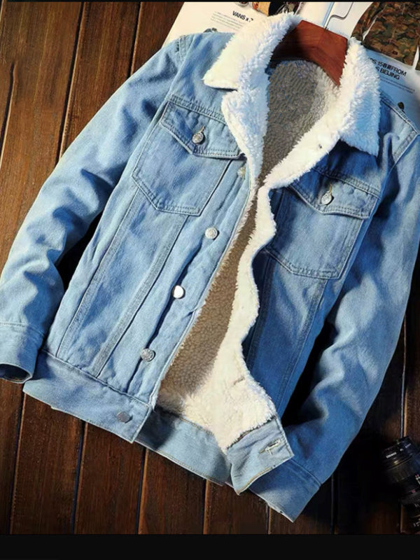 Men's warm sherpa button lapel denim jacket- Free Shipping - Aurelia Clothing