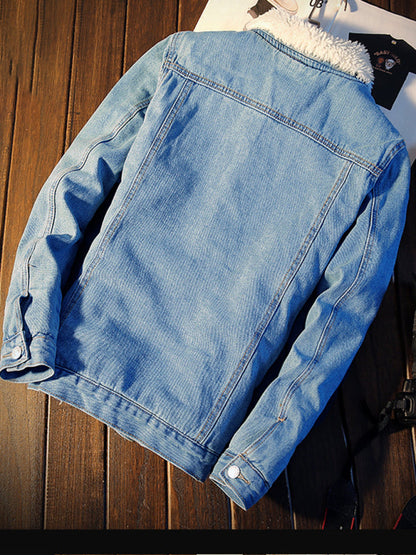 Men's warm sherpa button lapel denim jacket- Free Shipping - Aurelia Clothing