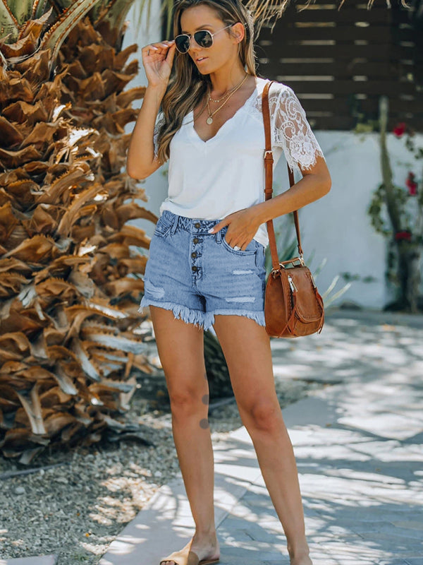 Women's Shorts Mid Waist Buttoned Jeans Washed Ripped Denim Shorts - Free Shipping - Aurelia Clothing