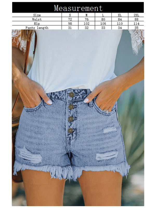 Women's Shorts Mid Waist Buttoned Jeans Washed Ripped Denim Shorts - Free Shipping - Aurelia Clothing