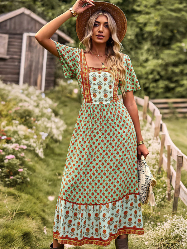 Women's Neck Bohemian Short Sleeve Midi Dress - Free Shipping - Aurelia Clothing