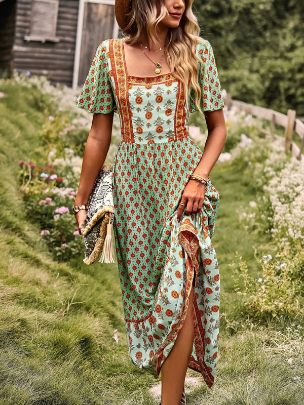 Women's Neck Bohemian Short Sleeve Midi Dress - Free Shipping - Aurelia Clothing