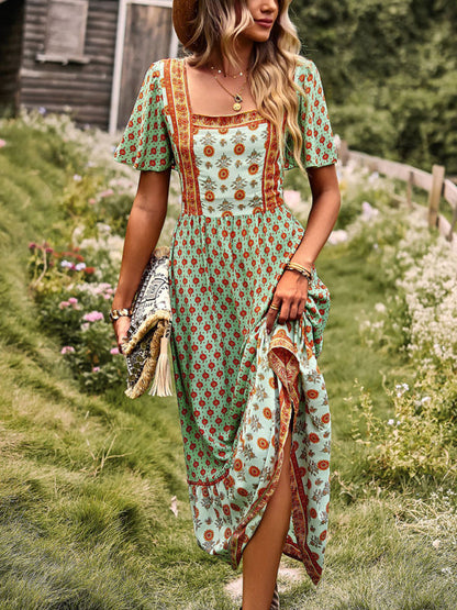 Women's Neck Bohemian Short Sleeve Midi Dress - Free Shipping - Aurelia Clothing