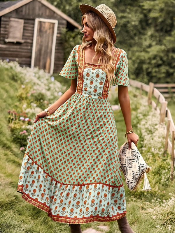 Women's Neck Bohemian Short Sleeve Midi Dress - Free Shipping - Aurelia Clothing