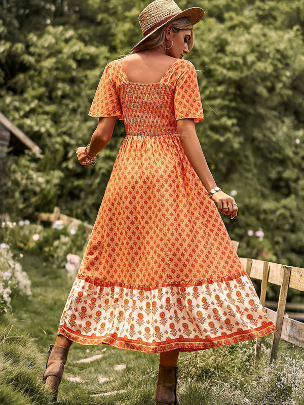 Women's Neck Bohemian Short Sleeve Midi Dress - Free Shipping - Aurelia Clothing