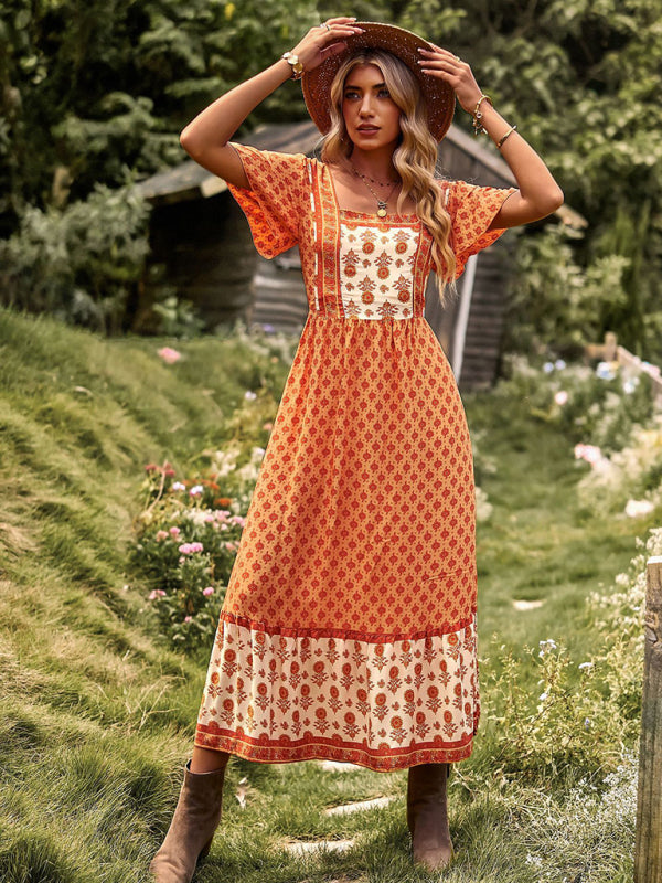 Women's Neck Bohemian Short Sleeve Midi Dress - Free Shipping - Aurelia Clothing