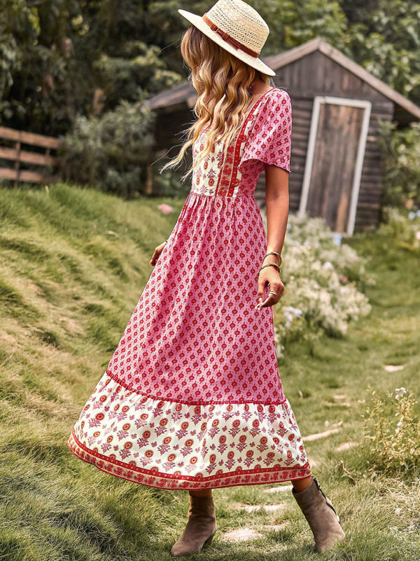 Women's Neck Bohemian Short Sleeve Midi Dress - Free Shipping - Aurelia Clothing