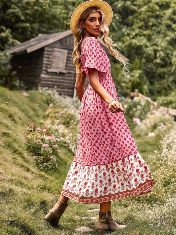 Women's Neck Bohemian Short Sleeve Midi Dress - Free Shipping - Aurelia Clothing