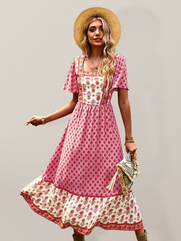 Women's Neck Bohemian Short Sleeve Midi Dress - Free Shipping - Aurelia Clothing