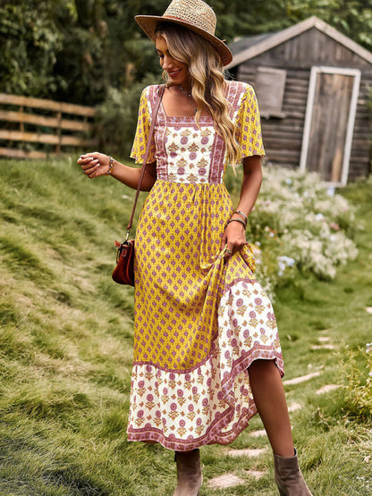 Women's Neck Bohemian Short Sleeve Midi Dress - Free Shipping - Aurelia Clothing