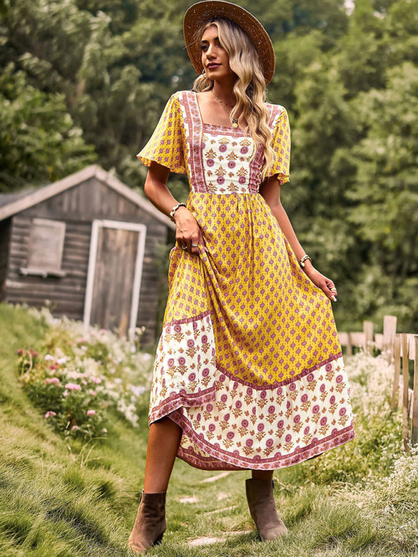 Women's Neck Bohemian Short Sleeve Midi Dress - Free Shipping - Aurelia Clothing