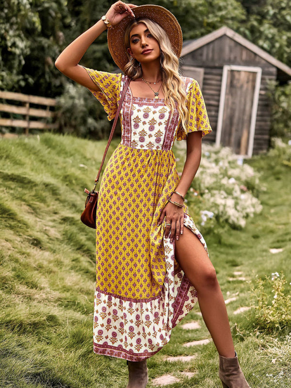 Women's Neck Bohemian Short Sleeve Midi Dress - Free Shipping - Aurelia Clothing