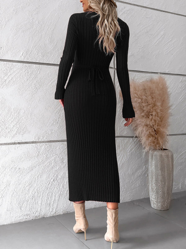 Women's new style elegant solid color v-neck long-sleeved sweater dress - Free Shipping - Aurelia Clothing