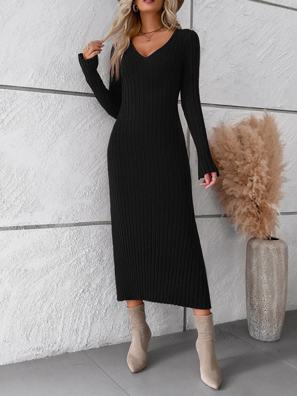 Women's new style elegant solid color v-neck long-sleeved sweater dress - Free Shipping - Aurelia Clothing