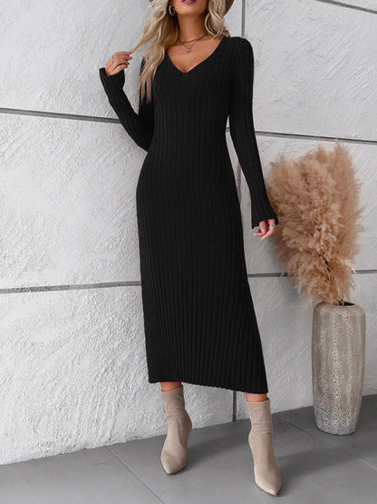 Women's new style elegant solid color v-neck long-sleeved sweater dress - Free Shipping - Aurelia Clothing