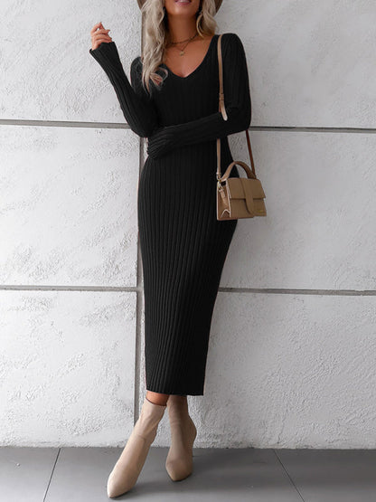 Women's new style elegant solid color v-neck long-sleeved sweater dress - Free Shipping - Aurelia Clothing