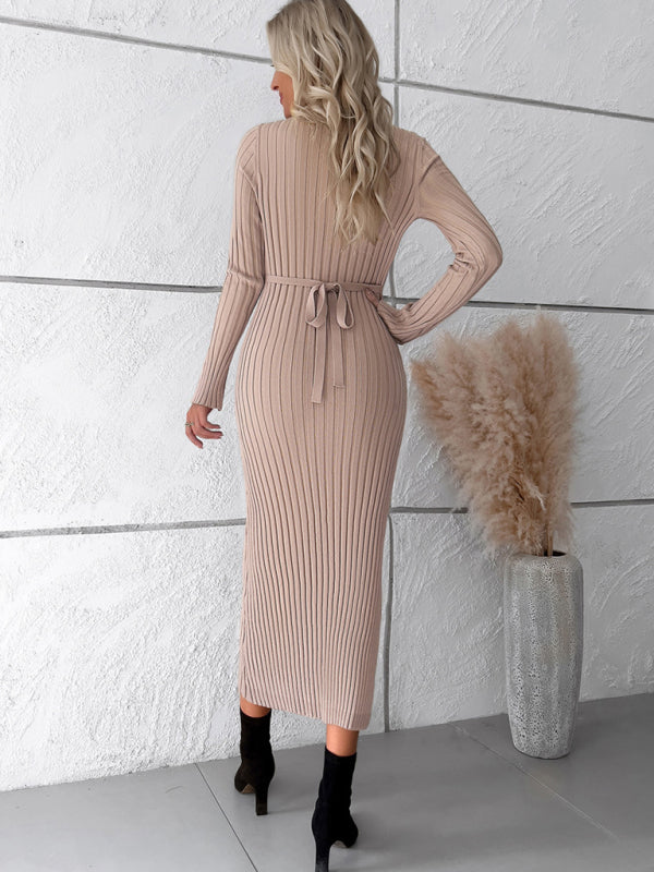 Women's new style elegant solid color v-neck long-sleeved sweater dress - Free Shipping - Aurelia Clothing