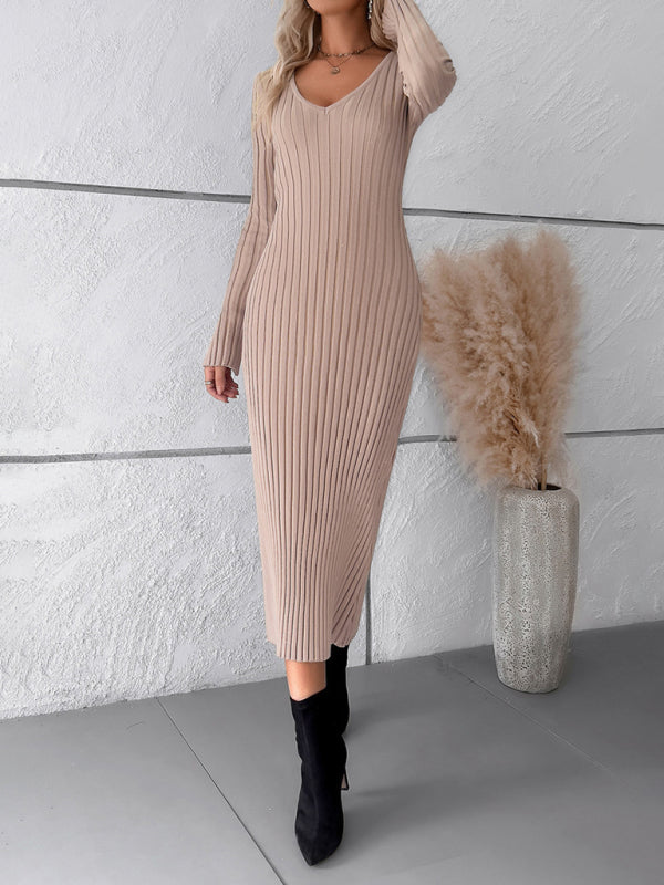 Women's new style elegant solid color v-neck long-sleeved sweater dress - Free Shipping - Aurelia Clothing