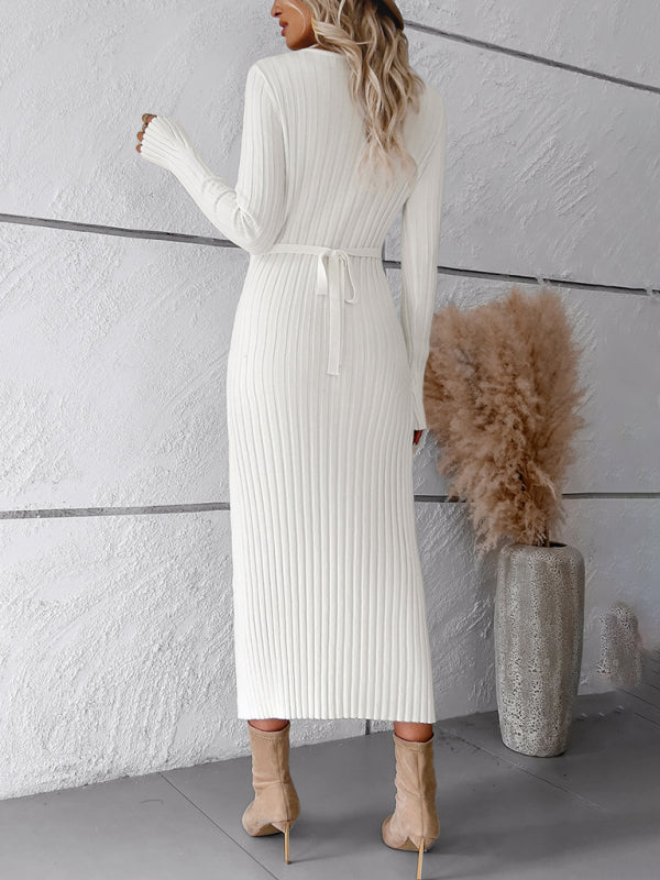 Women's new style elegant solid color v-neck long-sleeved sweater dress - Free Shipping - Aurelia Clothing