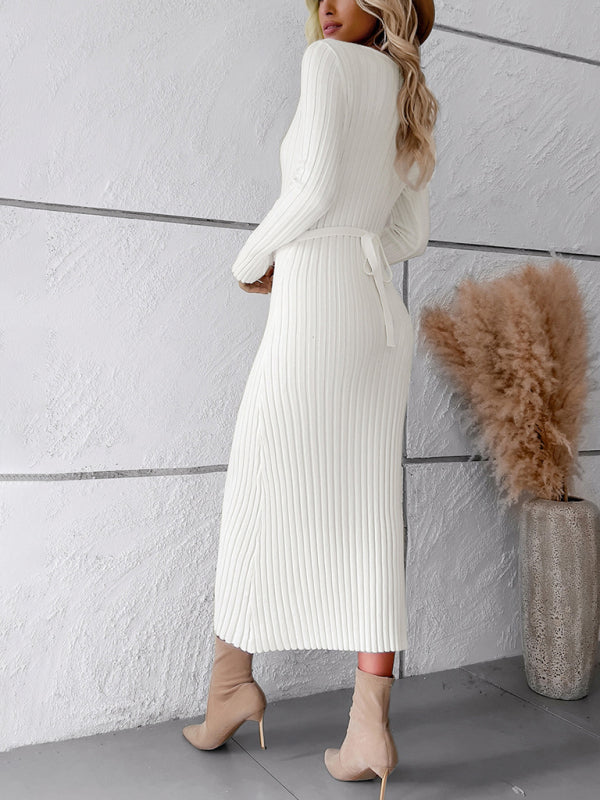 Women's new style elegant solid color v-neck long-sleeved sweater dress - Free Shipping - Aurelia Clothing