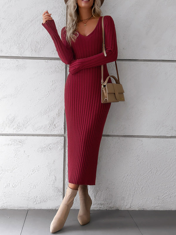 Women's new style elegant solid color v-neck long-sleeved sweater dress - Free Shipping - Aurelia Clothing