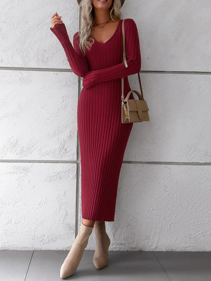 Women's new style elegant solid color v-neck long-sleeved sweater dress - Free Shipping - Aurelia Clothing