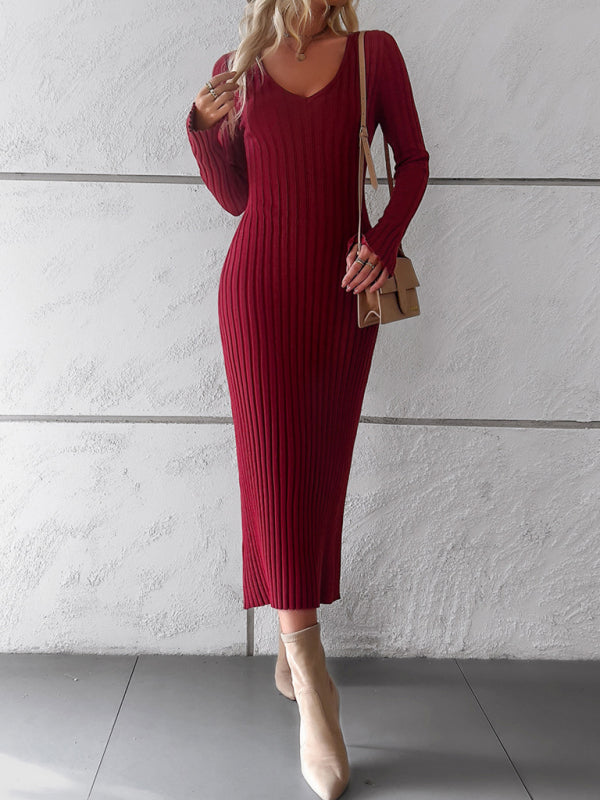 Women's new style elegant solid color v-neck long-sleeved sweater dress - Free Shipping - Aurelia Clothing