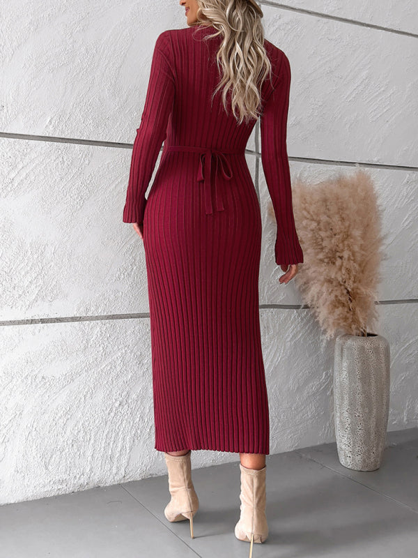 Women's new style elegant solid color v-neck long-sleeved sweater dress - Free Shipping - Aurelia Clothing