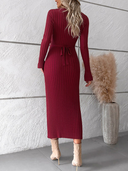 Women's new style elegant solid color v-neck long-sleeved sweater dress - Free Shipping - Aurelia Clothing