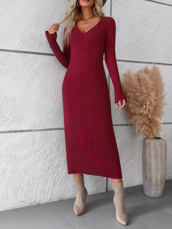 Women's new style elegant solid color v-neck long-sleeved sweater dress - Free Shipping - Aurelia Clothing