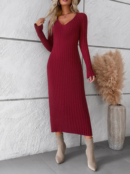 Women's new style elegant solid color v-neck long-sleeved sweater dress - Free Shipping - Aurelia Clothing