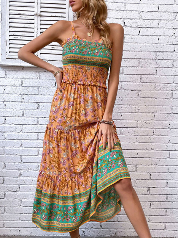 New women's casual holiday bohemian floral print suspender dress - Free Shipping - Aurelia Clothing