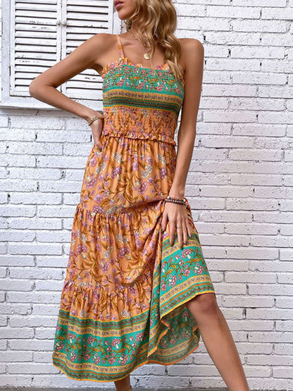 New women's casual holiday bohemian floral print suspender dress - Free Shipping - Aurelia Clothing