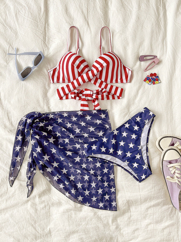 New women's bikini flag print stars and stripes three-piece swimsuit - Free Shipping - Aurelia Clothing