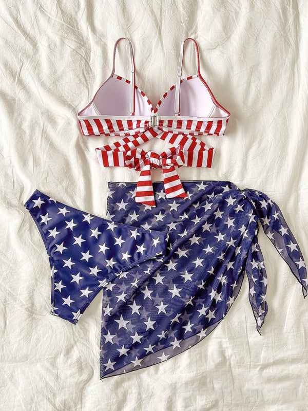 New women's bikini flag print stars and stripes three-piece swimsuit - Free Shipping - Aurelia Clothing