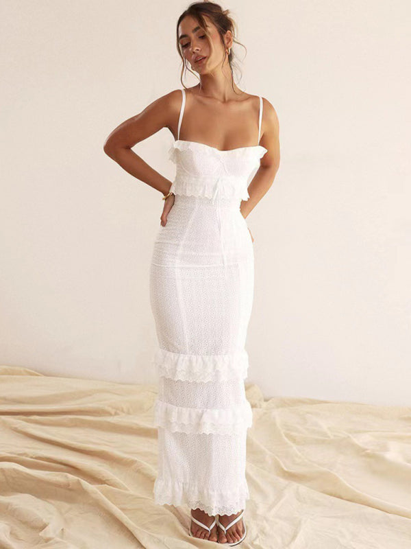 Women's new sexy dress white hook-and-loop suspender long skirt slim French dress - Free Shipping - Aurelia Clothing