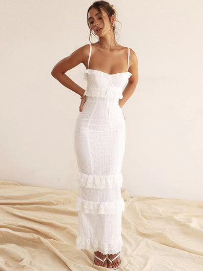 Women's new sexy dress white hook-and-loop suspender long skirt slim French dress - Free Shipping - Aurelia Clothing