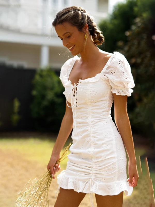 Women's hip-hugging skirt, lace-up, fashionable and sexy pleated V-neck short dress - Free Shipping - Aurelia Clothing