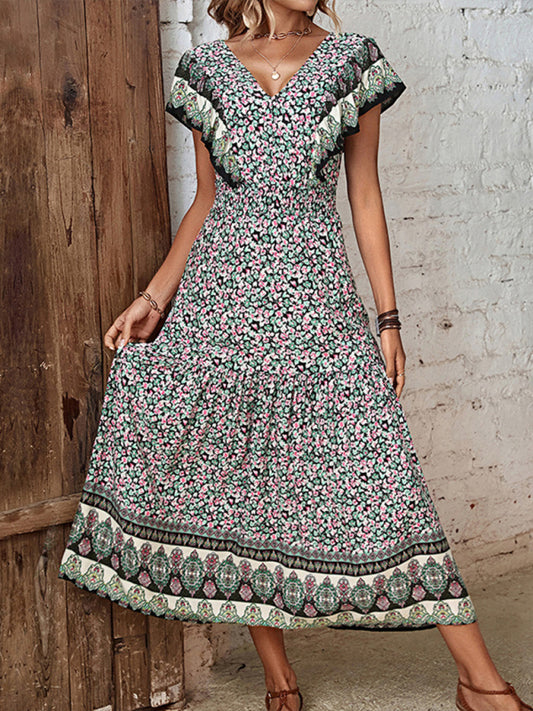 Women's ruffled v-neck temperament printed dress - Free Shipping - Aurelia Clothing