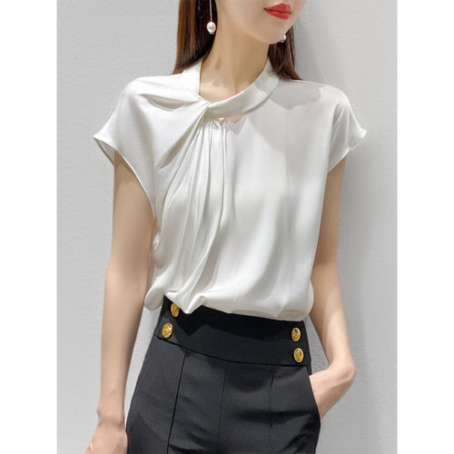 white short-sleeved heavy silk shirt women 2021 Amoi chic design niche  silk top  blusones de mujer  fashion  Silk - Aurelia Clothing