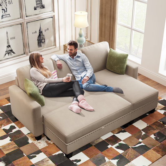 [New]81" Reversible Sectional Couch with Storage Chaise L-Shaped Sofa for Apartment Sectional Set ,Sectional Sofa with Ottoman,Nailhead Textured Linen Fabric 3 pieces Sofa Set,Warm Grey - Fre - Aurelia Clothing