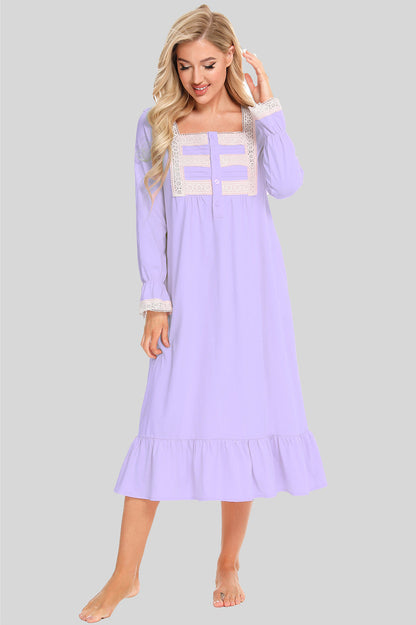 Lace Detail Square Neck Flounce Sleeve Night Dress - Aurelia Clothing