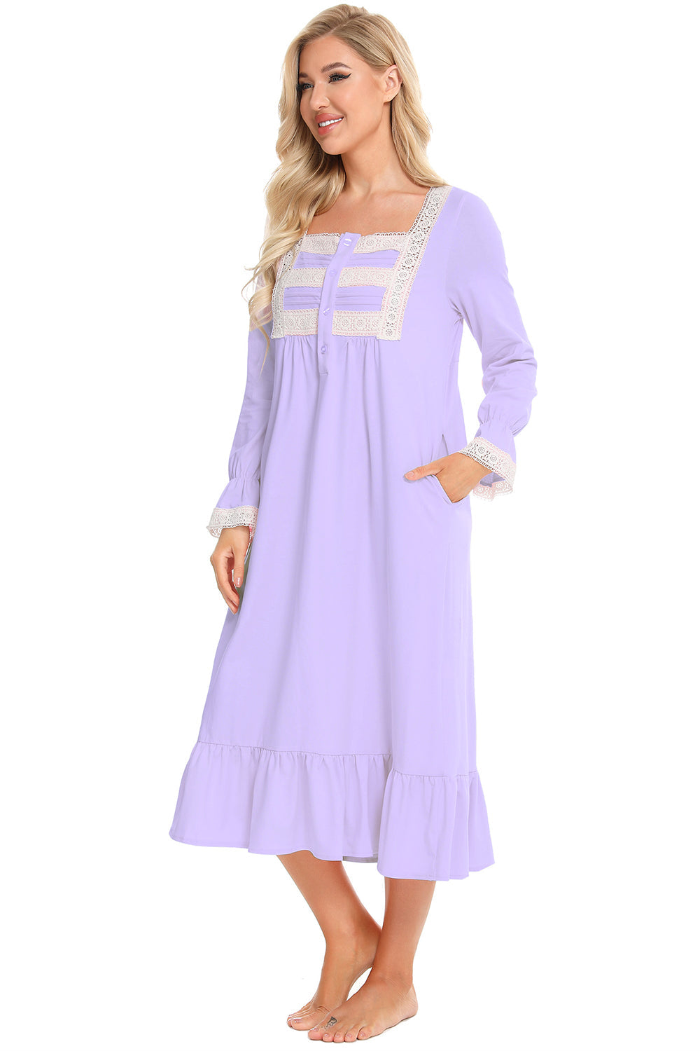 Lace Detail Square Neck Flounce Sleeve Night Dress - Aurelia Clothing