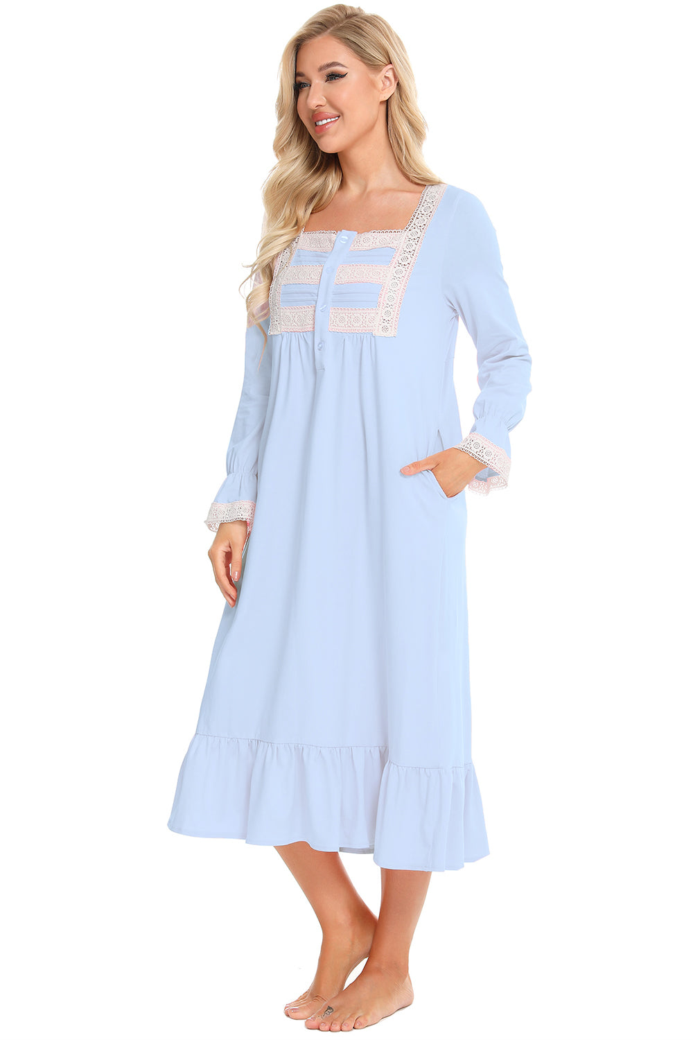 Lace Detail Square Neck Flounce Sleeve Night Dress - Aurelia Clothing