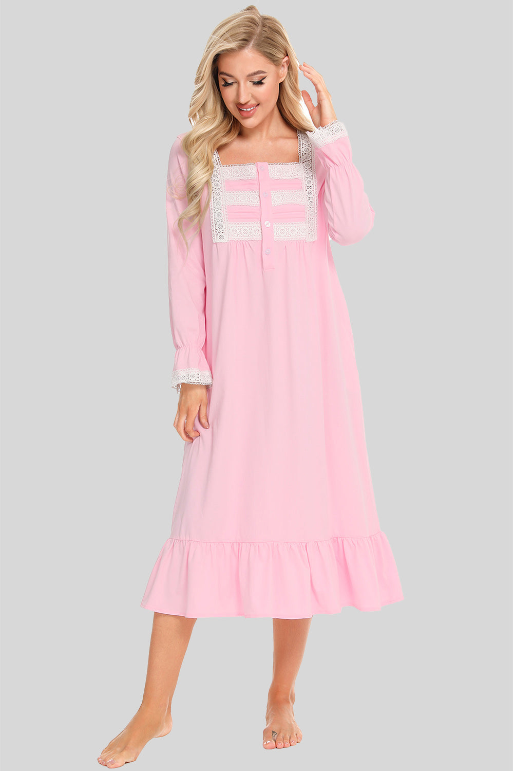 Lace Detail Square Neck Flounce Sleeve Night Dress - Aurelia Clothing