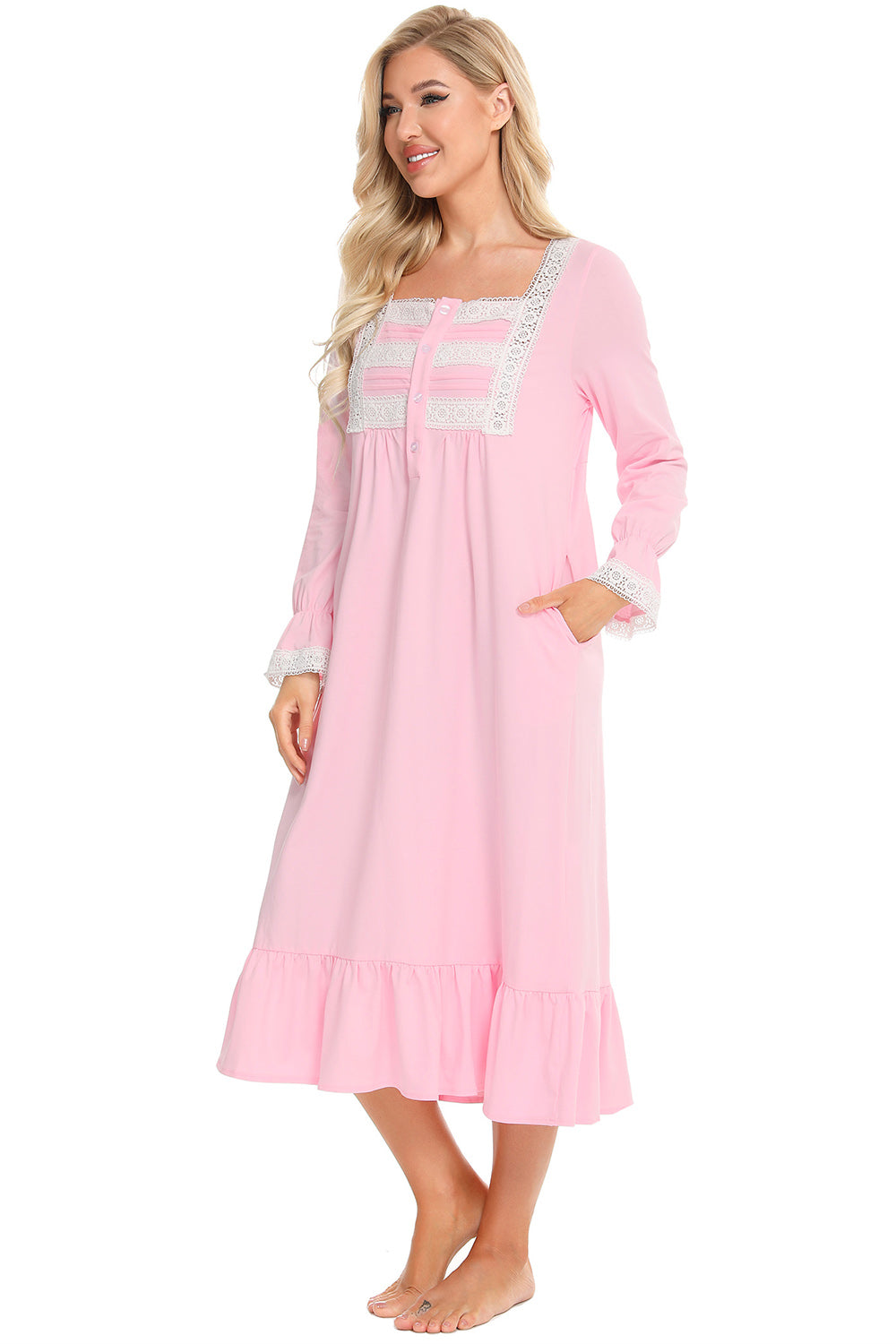 Lace Detail Square Neck Flounce Sleeve Night Dress - Aurelia Clothing