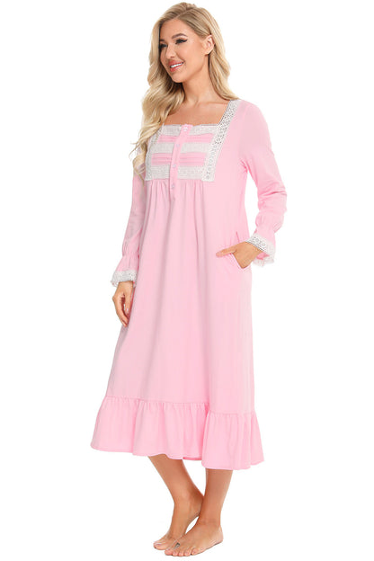 Lace Detail Square Neck Flounce Sleeve Night Dress - Aurelia Clothing